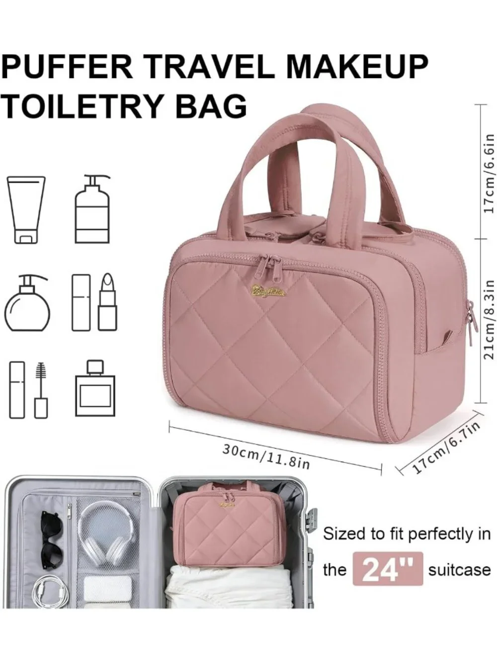 Large Wide-Open Travel Toiletry & Makeup Bag for Women - Dark Pink Organizer
